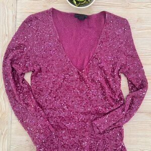 Donna Karan Collection Cashmere Silk Sequin V-Neck Sweater – Berry